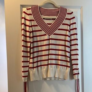 Anthropologie Red and Cream V-Neck Sweater